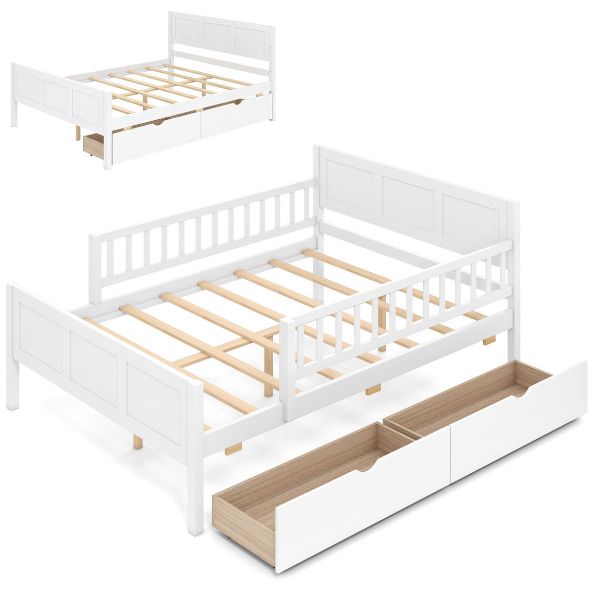 Full Size Bed Frame, Detachable Guardrails, White