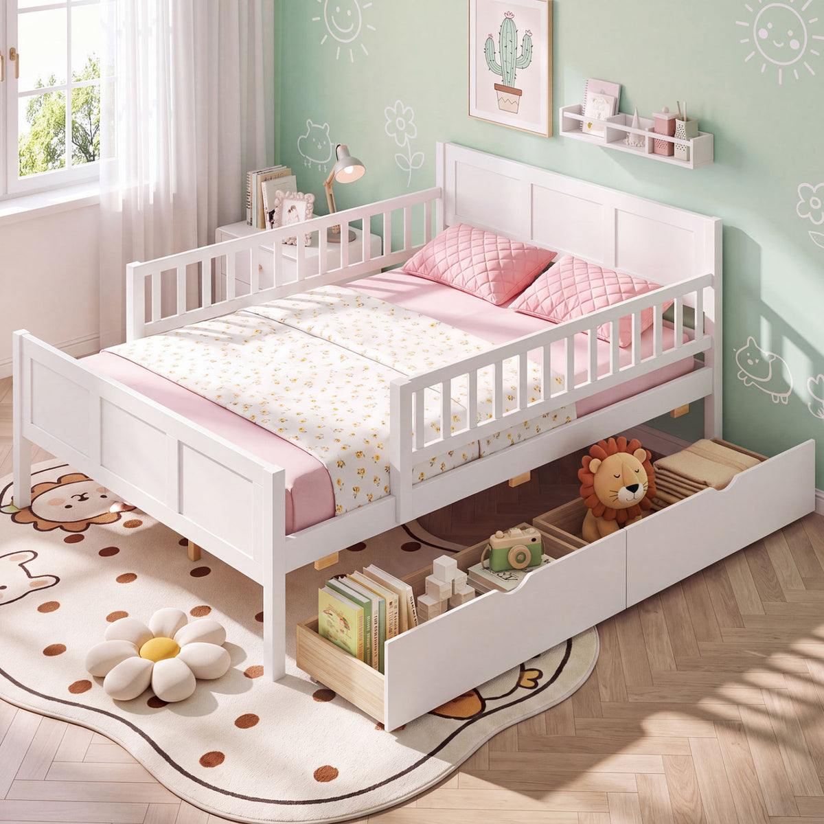 Full Size Bed Frame, Detachable Guardrails, White