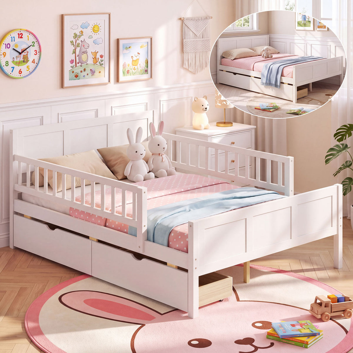 Full Size Bed Frame, Detachable Guardrails, White
