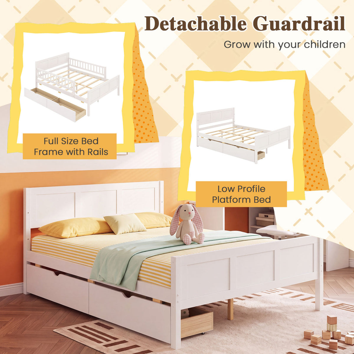 Full Size Bed Frame, Detachable Guardrails, White