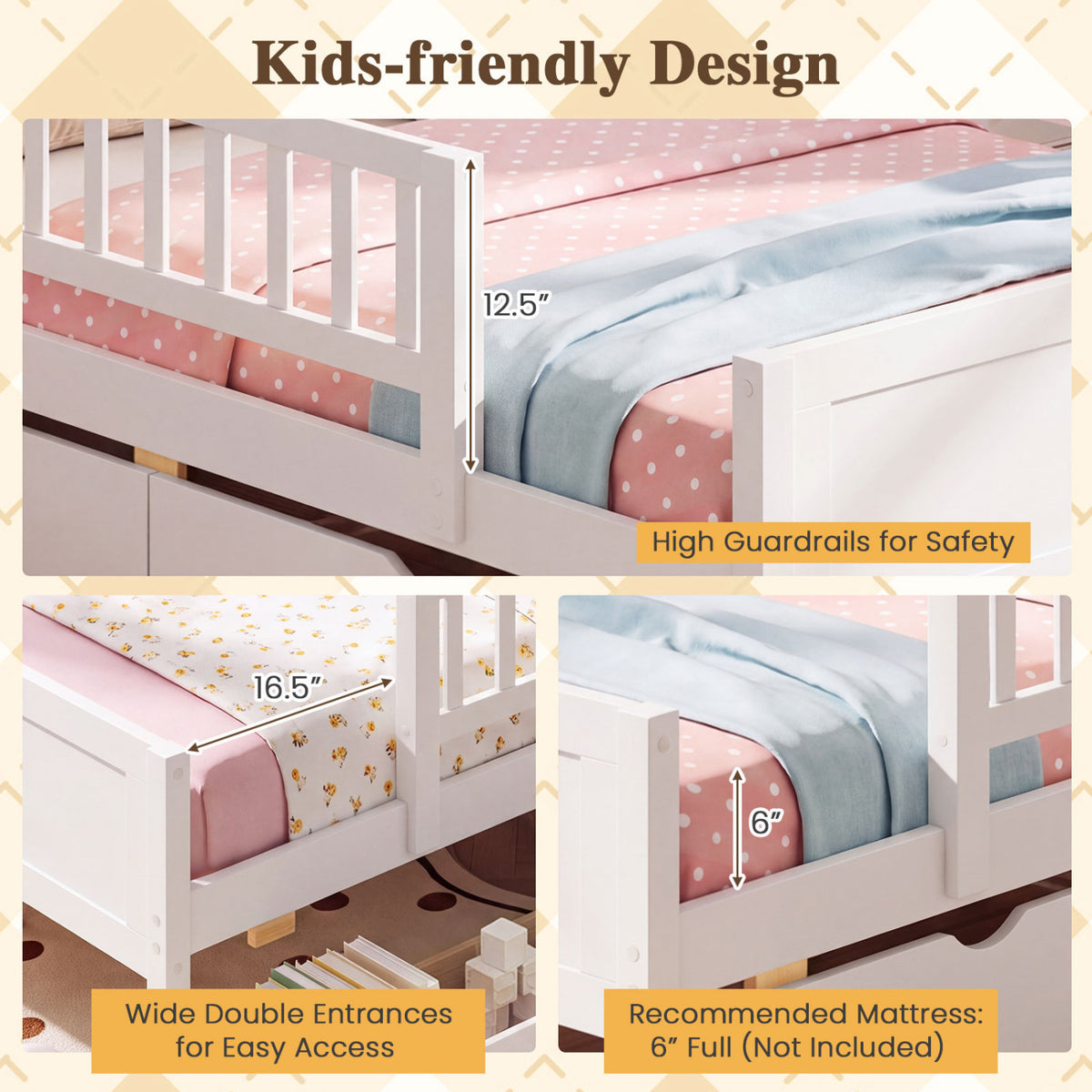 Full Size Bed Frame, Detachable Guardrails, White