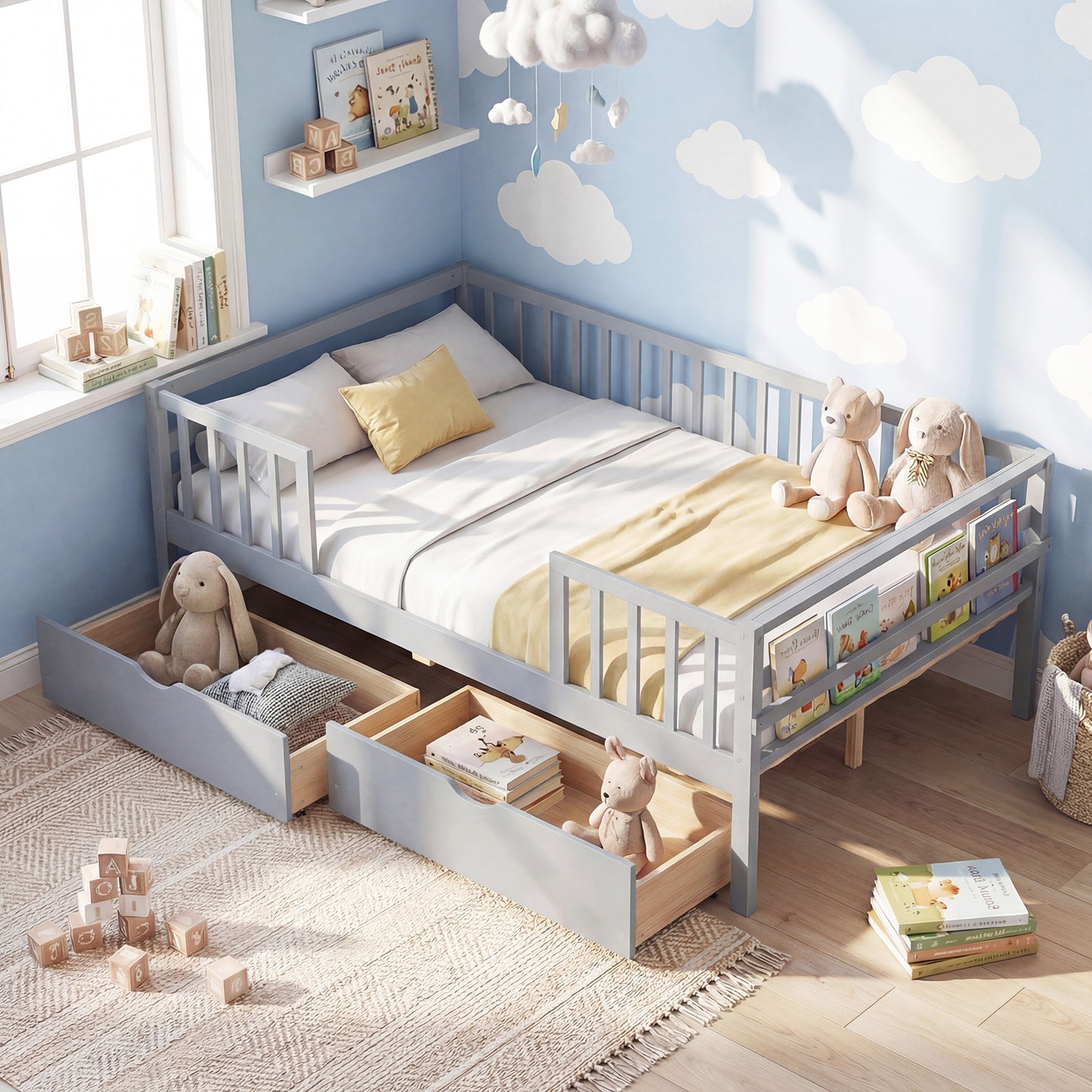 Full Size Daybed with Fence and 2 Drawers for Boys and Girls, Gray Trundle Bed Frame at Gallery Canada