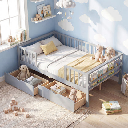 Full Size Daybed with Fence and 2 Drawers for Boys and Girls, Gray Trundle Bed Frame at Gallery Canada