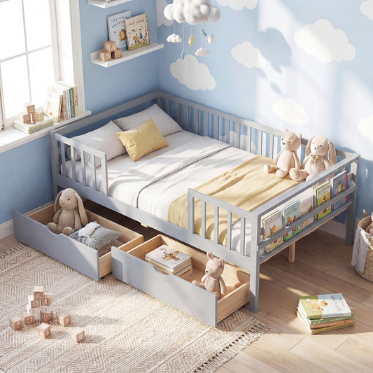 Full Size Daybed with Fence and 2 Drawers for Boys and Girls, Gray Trundle Bed Frame Gray at Gallery Canada