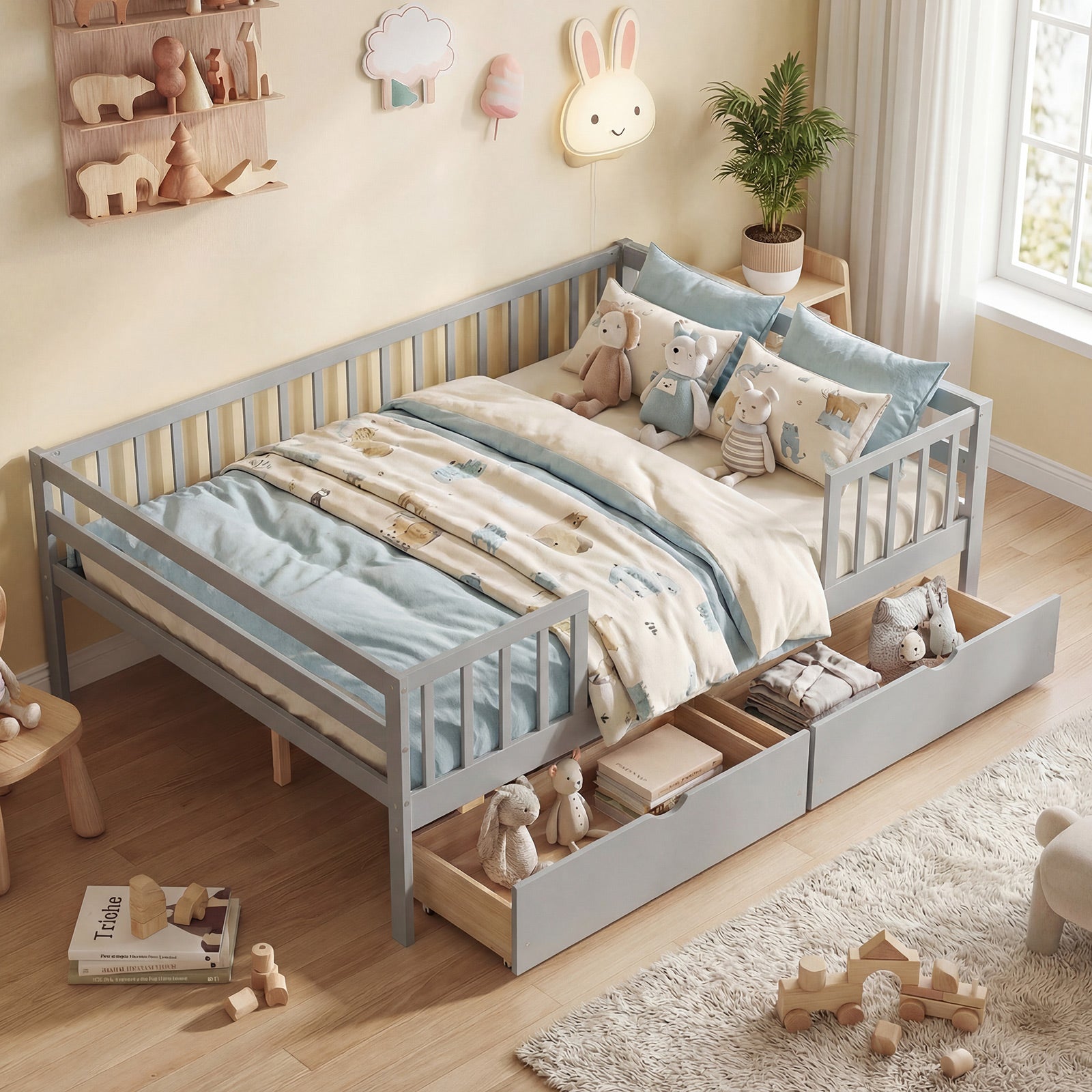 Full Size Daybed with Fence and 2 Drawers for Boys and Girls, Gray Trundle Bed Frame at Gallery Canada
