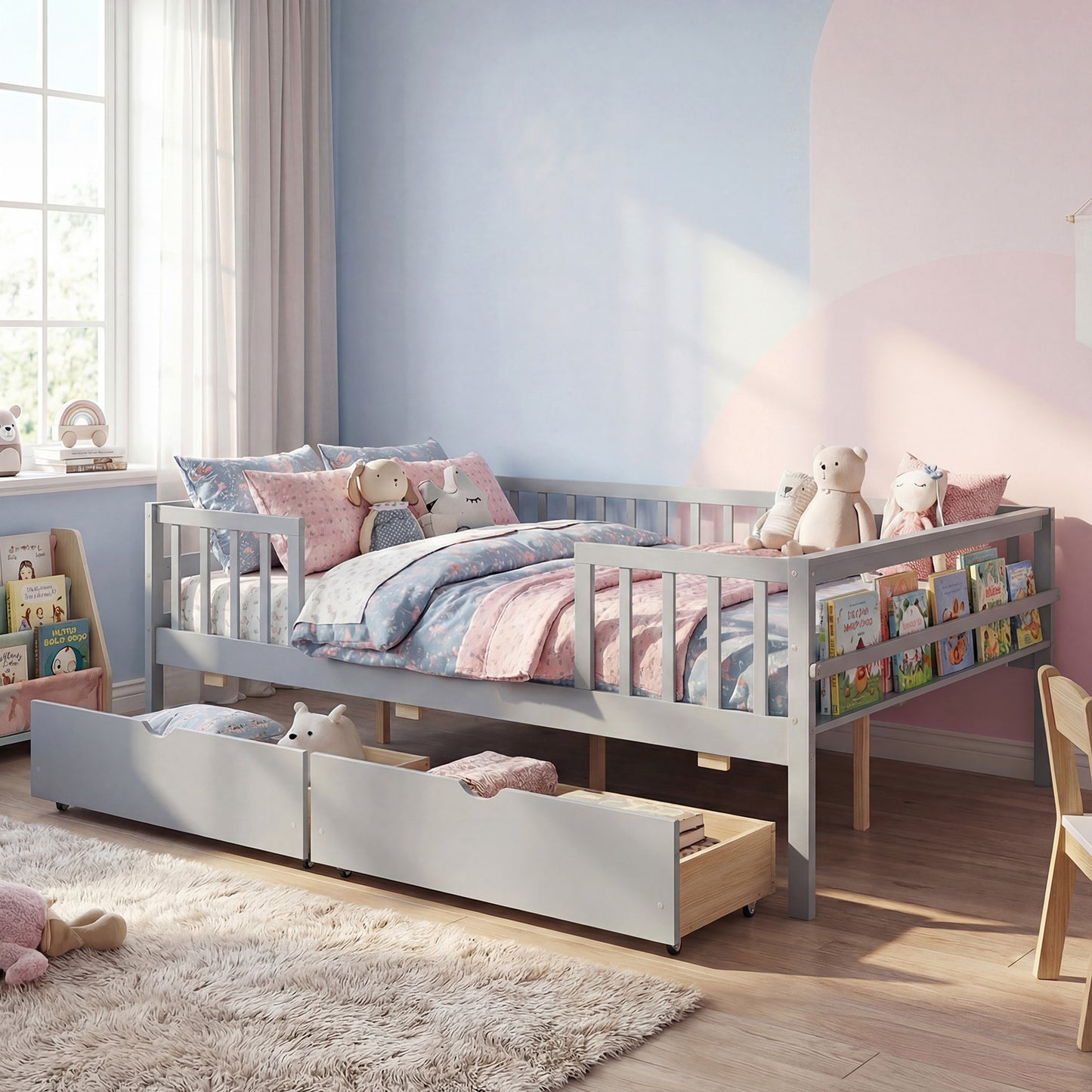 Full Size Daybed with Fence and 2 Drawers for Boys and Girls, Gray Trundle Bed Frame at Gallery Canada
