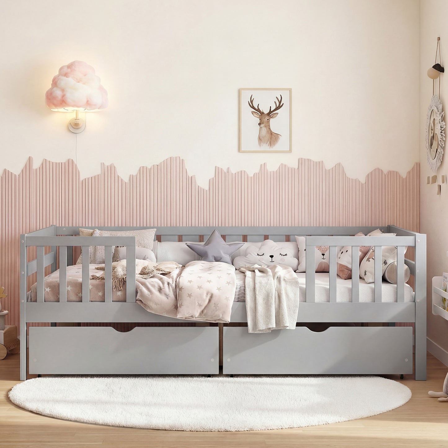 Full Size Daybed with Fence and 2 Drawers for Boys and Girls, Gray Trundle Bed Frame at Gallery Canada