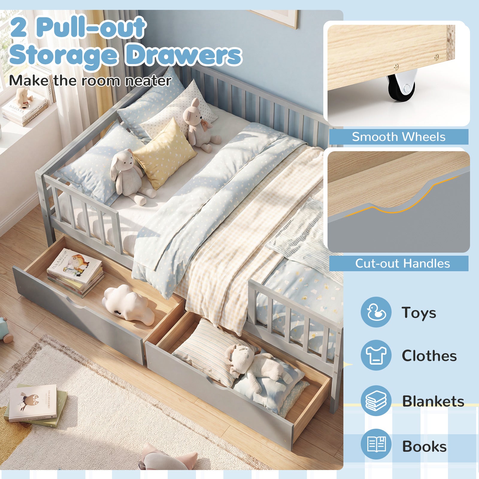 Full Size Daybed with Fence and 2 Drawers for Boys and Girls, Gray Trundle Bed Frame at Gallery Canada