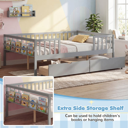 Full Size Daybed with Fence and 2 Drawers for Boys and Girls, Gray Trundle Bed Frame at Gallery Canada