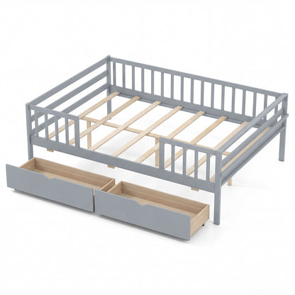 Full Size Daybed with Fence and 2 Drawers for Boys and Girls, Gray Trundle Bed Frame at Gallery Canada