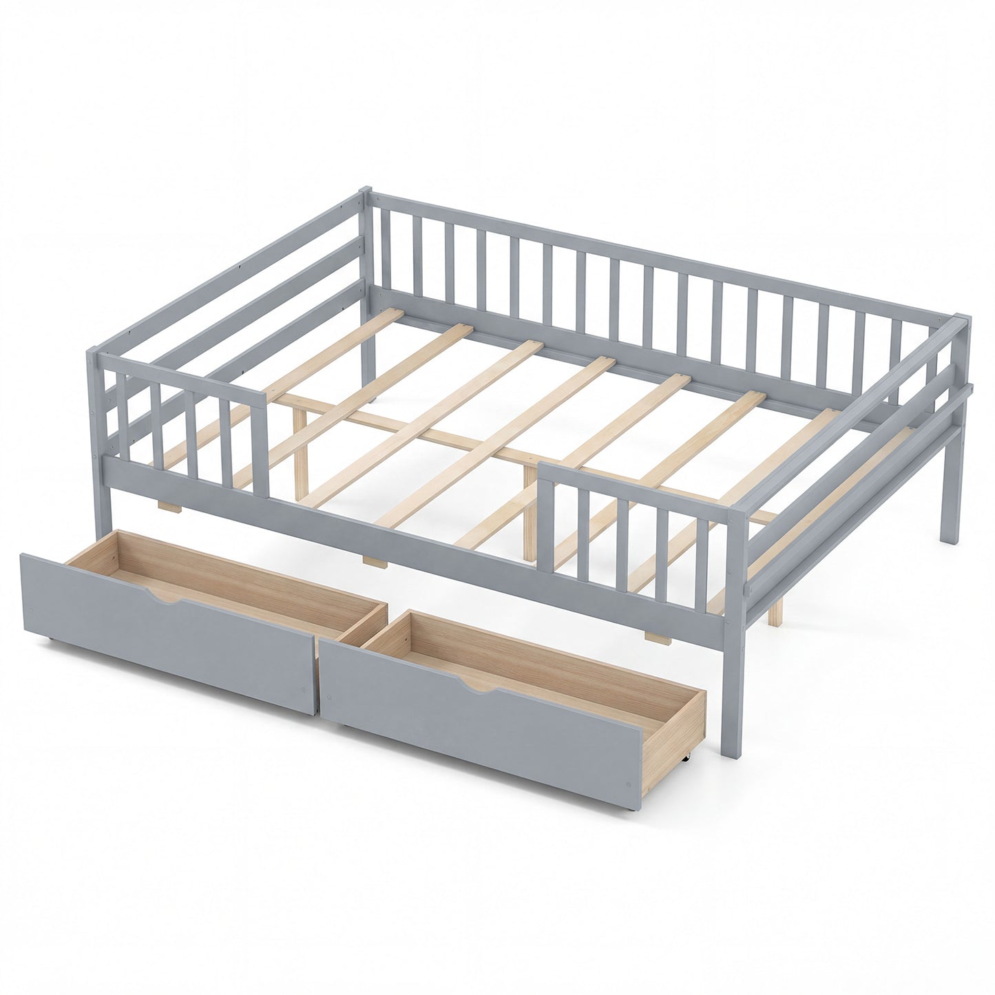 Full Size Daybed with Fence and 2 Drawers for Boys and Girls, Gray Trundle Bed Frame Gray at Gallery Canada