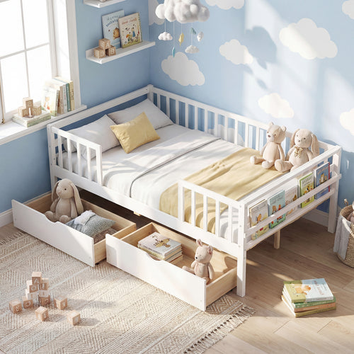 Full Size Daybed with Fence and 2 Drawers for Boys and Girls, White