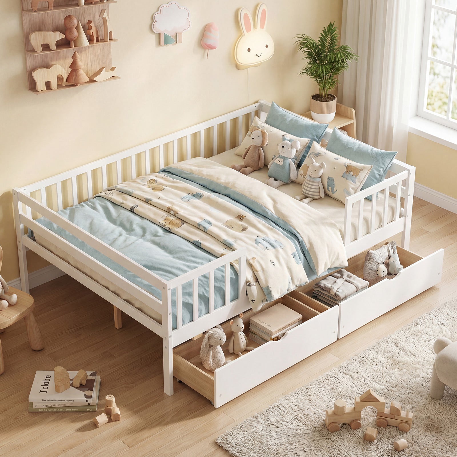 Full Size Daybed with Fence and 2 Drawers for Boys and Girls, White Trundle Bed Frame at Gallery Canada