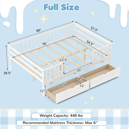 Full Size Daybed with Fence and 2 Drawers for Boys and Girls, White Trundle Bed Frame at Gallery Canada