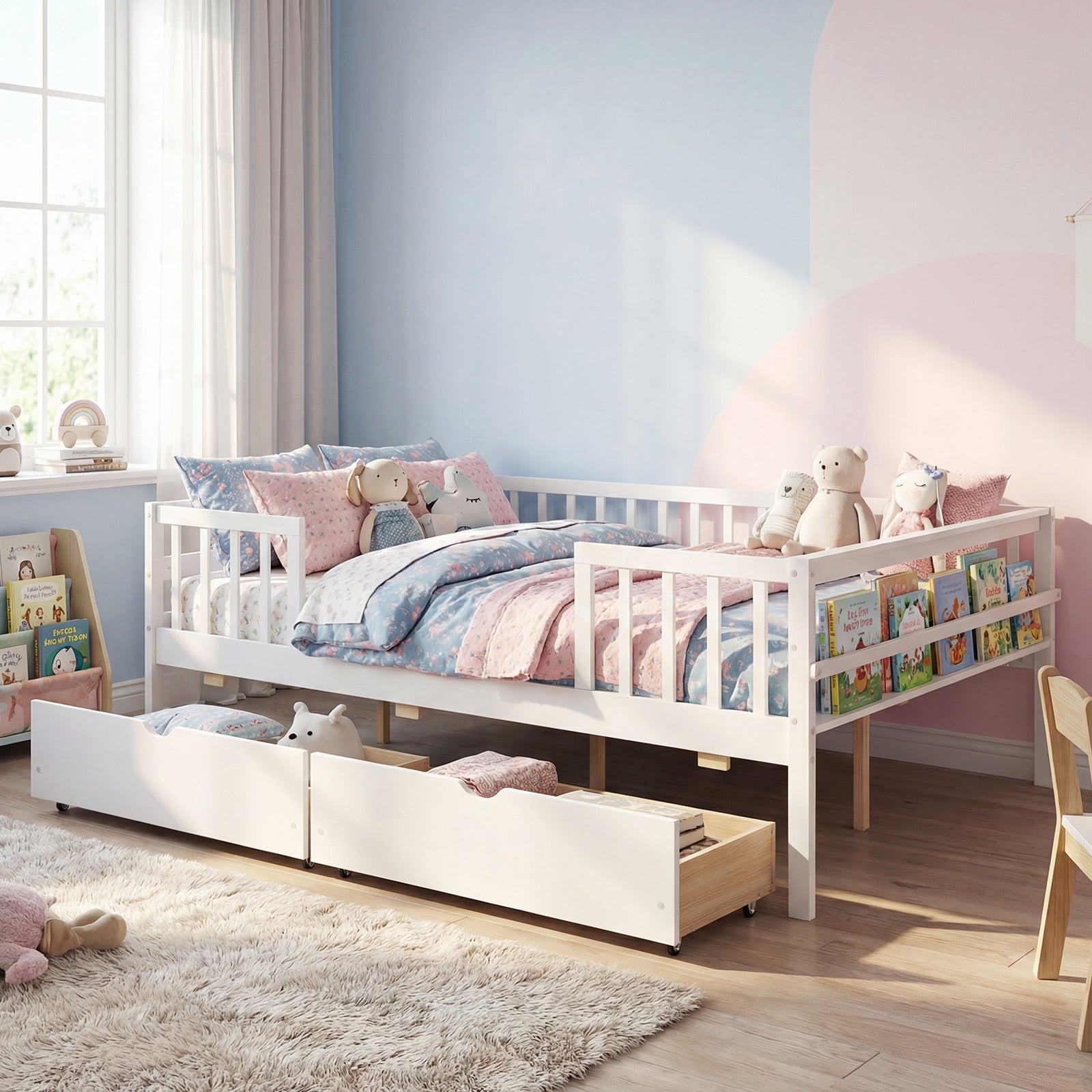 Full Size Daybed with Fence and 2 Drawers for Boys and Girls, White Trundle Bed Frame at Gallery Canada