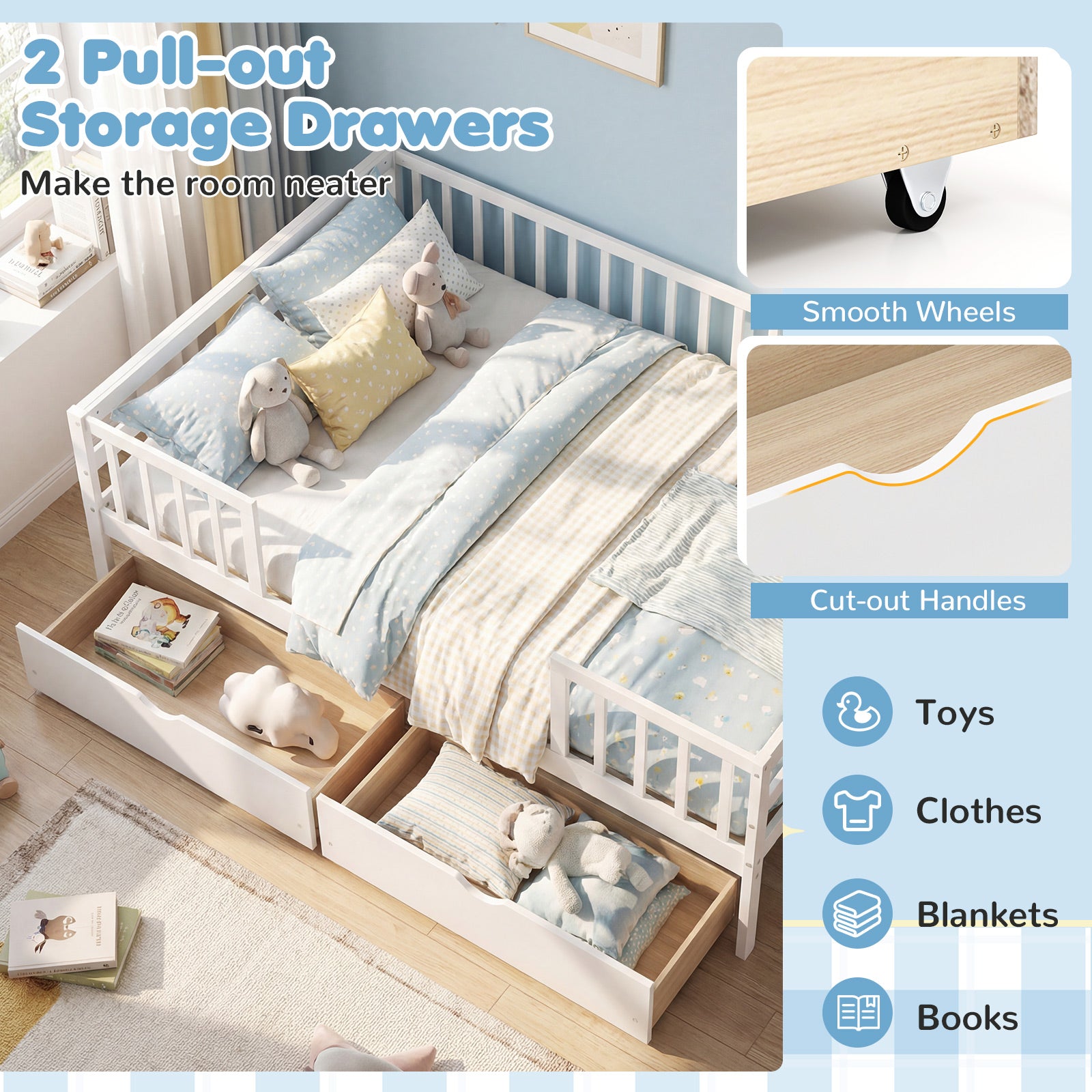 Full Size Daybed with Fence and 2 Drawers for Boys and Girls, White Trundle Bed Frame at Gallery Canada