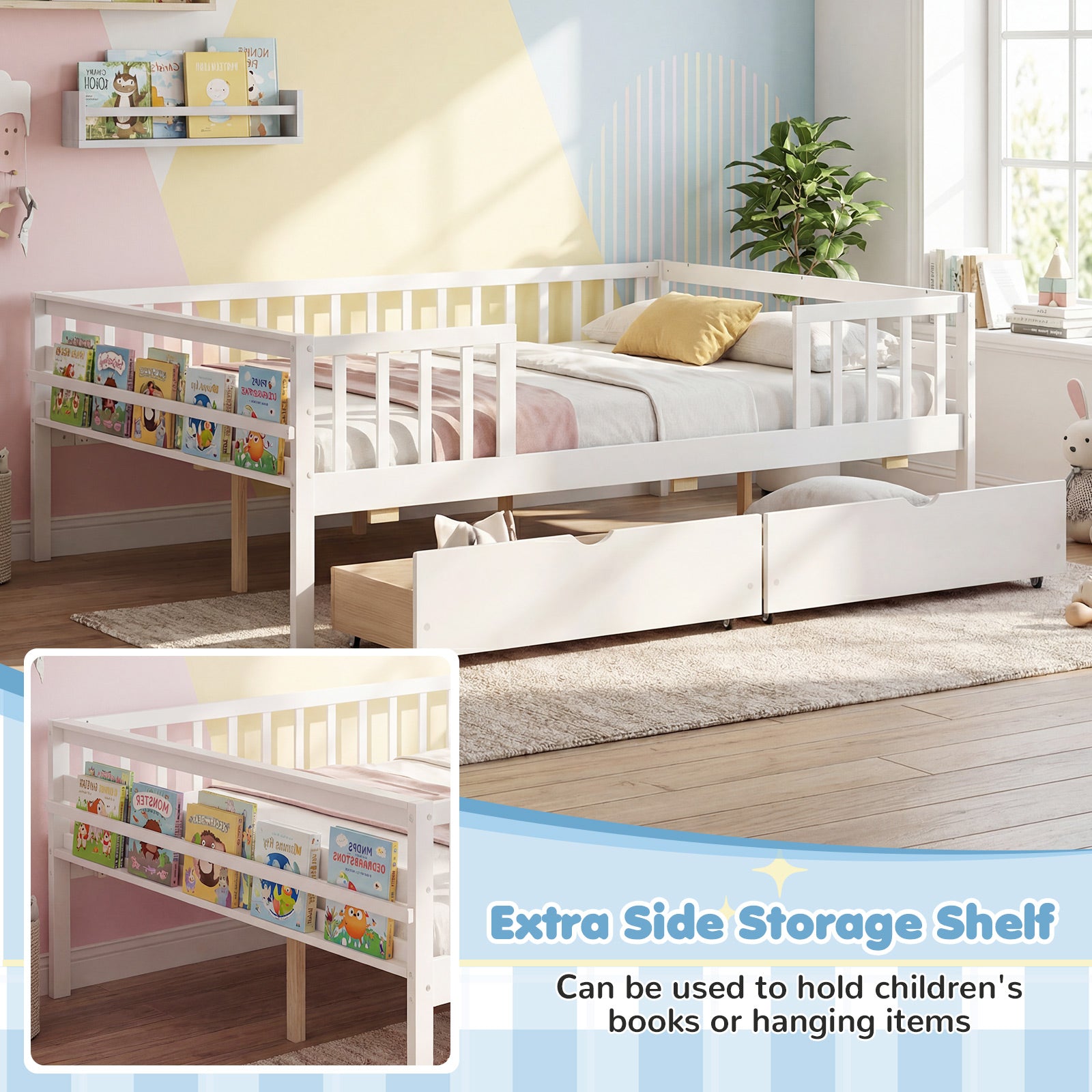 Full Size Daybed with Fence and 2 Drawers for Boys and Girls, White Trundle Bed Frame at Gallery Canada