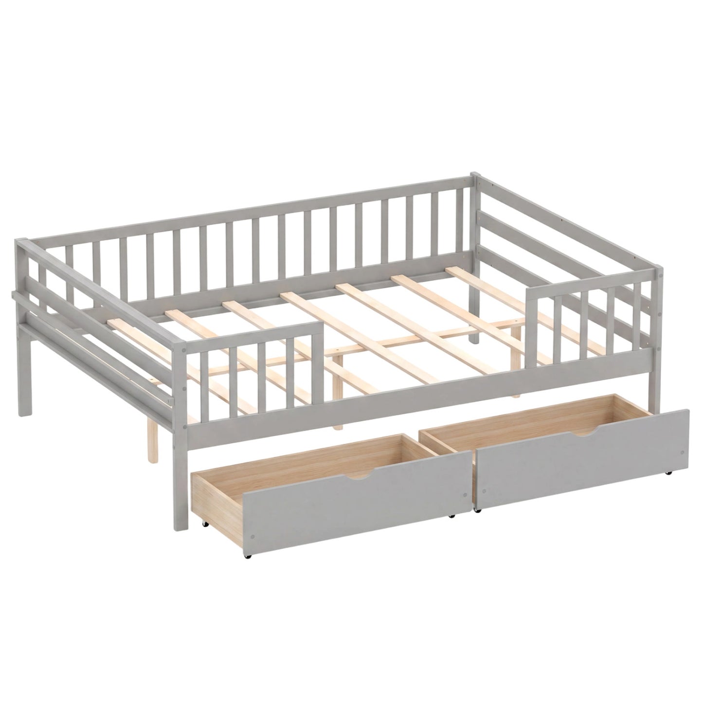 Full Size Daybed with Fence and 2 Drawers for Boys and Girls, Gray Trundle Bed Frame at Gallery Canada