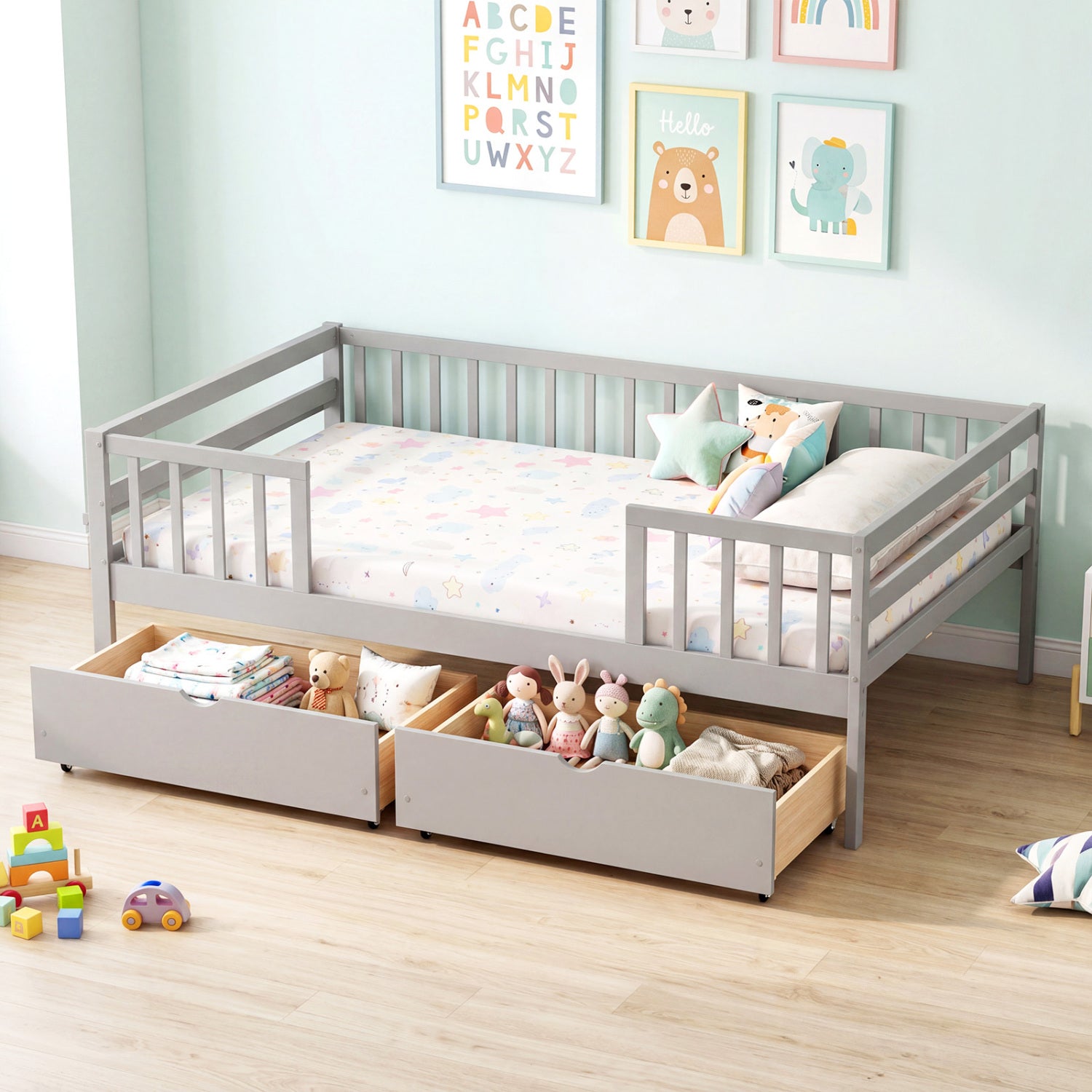 Full Size Daybed with Fence and 2 Drawers for Boys and Girls, Gray Trundle Bed Frame at Gallery Canada