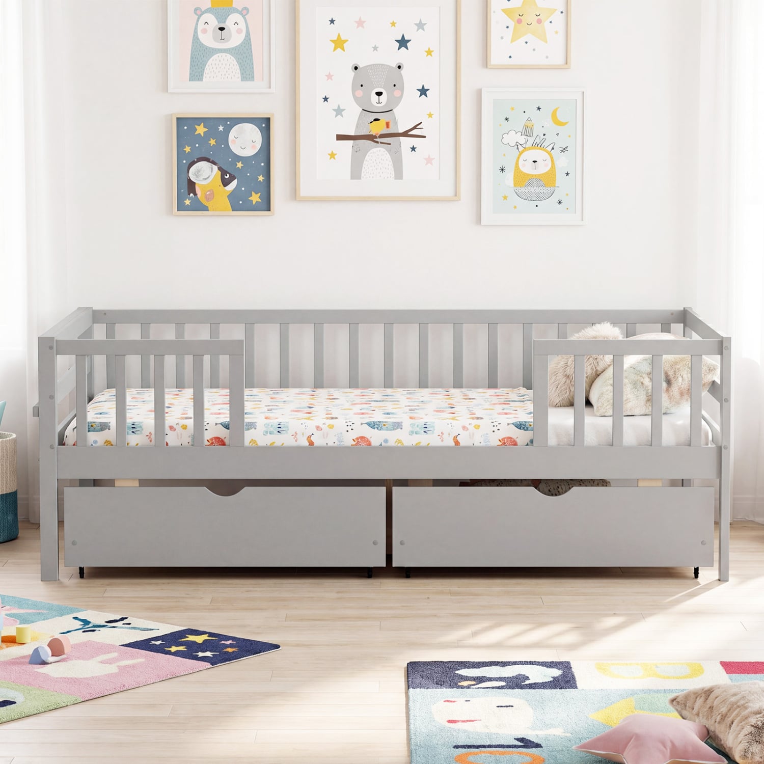 Full Size Daybed with Fence and 2 Drawers for Boys and Girls, Gray Trundle Bed Frame at Gallery Canada