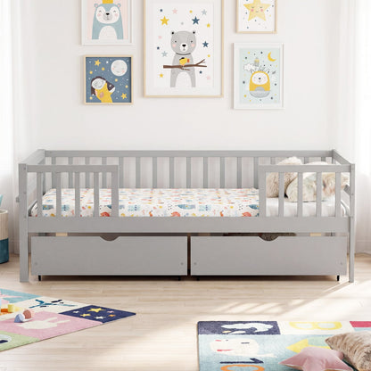 Full Size Daybed with Fence and 2 Drawers for Boys and Girls, Gray Trundle Bed Frame at Gallery Canada