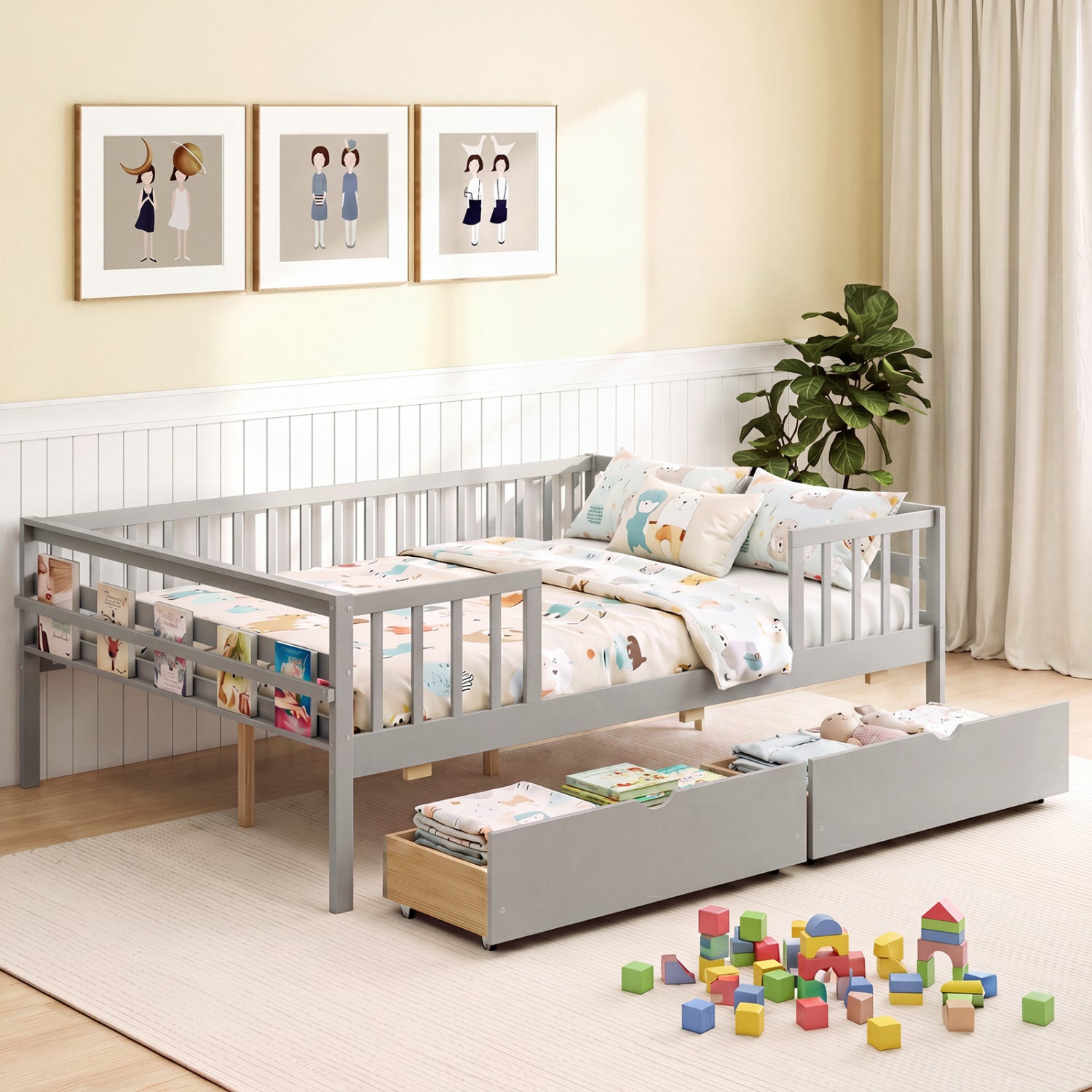 Full Size Daybed with Fence and 2 Drawers for Boys and Girls, Gray Trundle Bed Frame at Gallery Canada