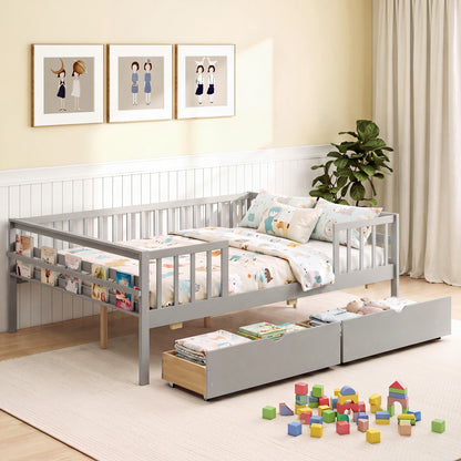 Full Size Daybed with Fence and 2 Drawers for Boys and Girls, Gray Trundle Bed Frame at Gallery Canada