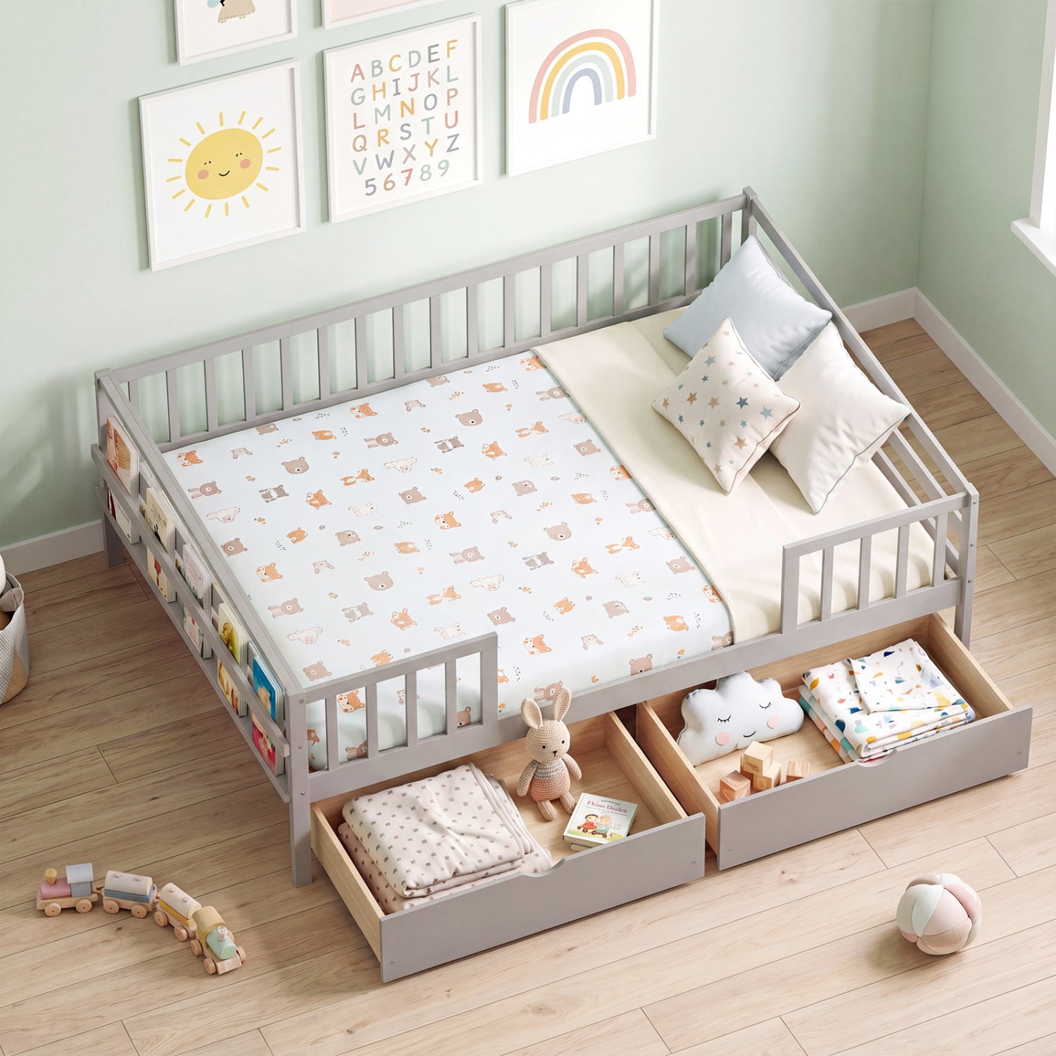 Full Size Daybed with Fence and 2 Drawers for Boys and Girls, Gray Trundle Bed Frame at Gallery Canada