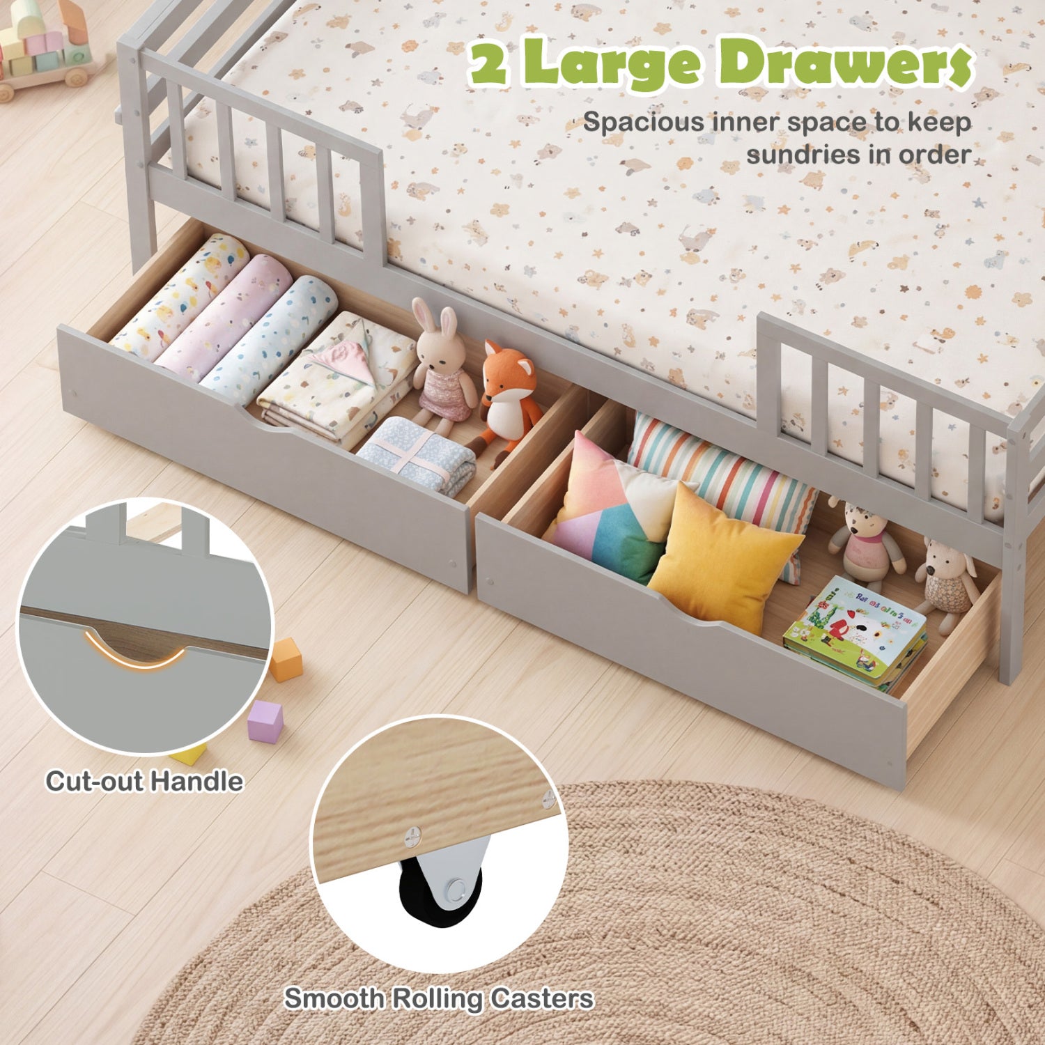 Full Size Daybed with Fence and 2 Drawers for Boys and Girls, Gray Trundle Bed Frame at Gallery Canada