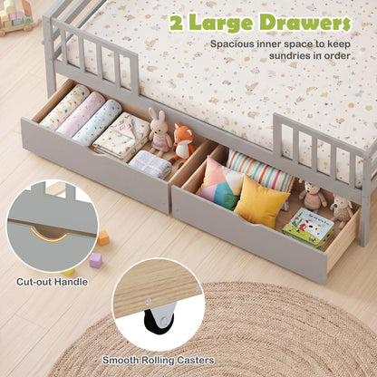 Full Size Daybed with Fence and 2 Drawers for Boys and Girls, Gray Trundle Bed Frame at Gallery Canada