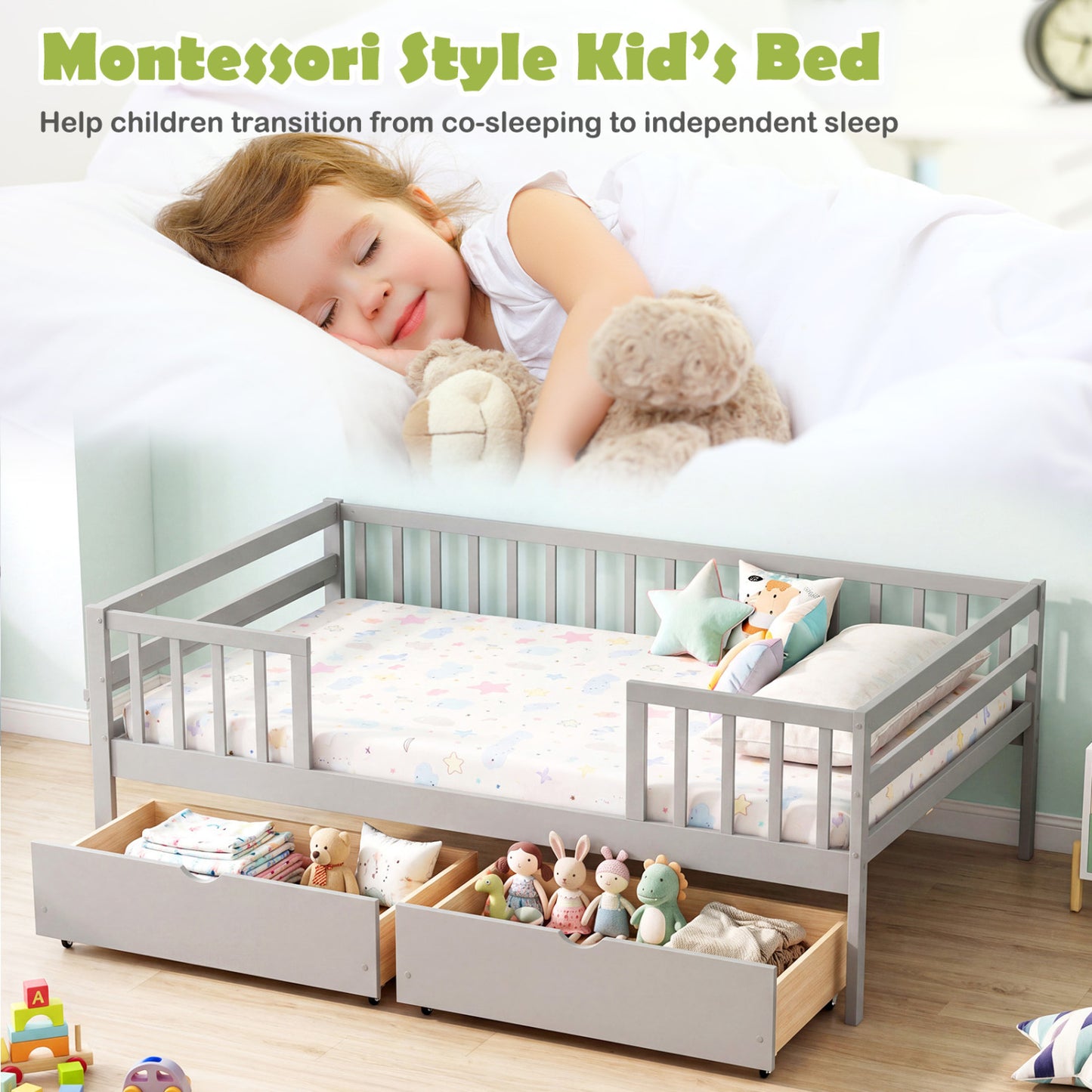 Full Size Daybed with Fence and 2 Drawers for Boys and Girls, Gray Trundle Bed Frame at Gallery Canada