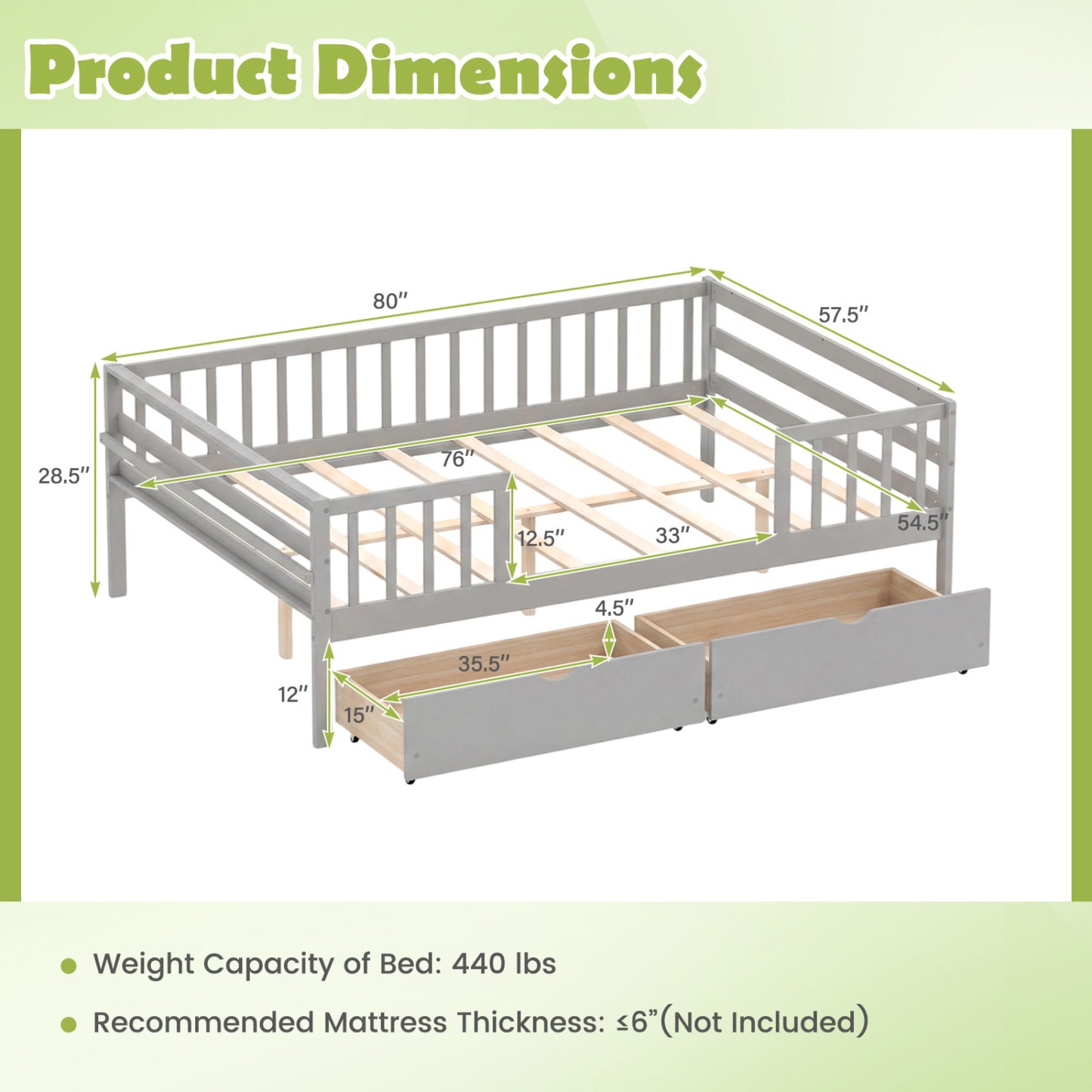 Full Size Daybed with Fence and 2 Drawers for Boys and Girls, Gray Trundle Bed Frame at Gallery Canada