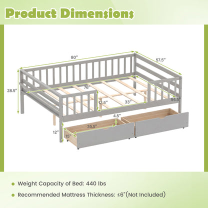 Full Size Daybed with Fence and 2 Drawers for Boys and Girls, Gray Trundle Bed Frame at Gallery Canada