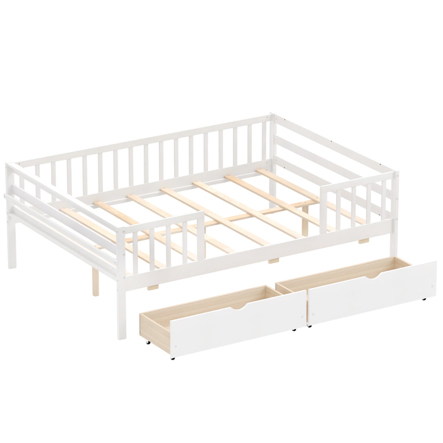 Full Size Daybed with Fence and 2 Drawers for Boys and Girls, White Trundle Bed Frame at Gallery Canada