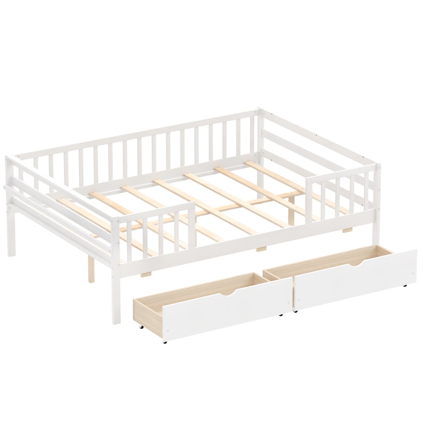Full Size Daybed with Fence and 2 Drawers for Boys and Girls, White Trundle Bed Frame at Gallery Canada