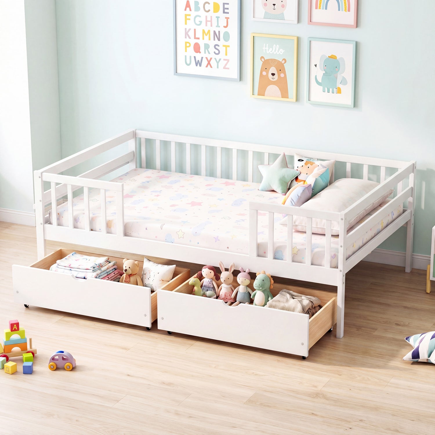 Full Size Daybed with Fence and 2 Drawers for Boys and Girls, White Trundle Bed Frame at Gallery Canada