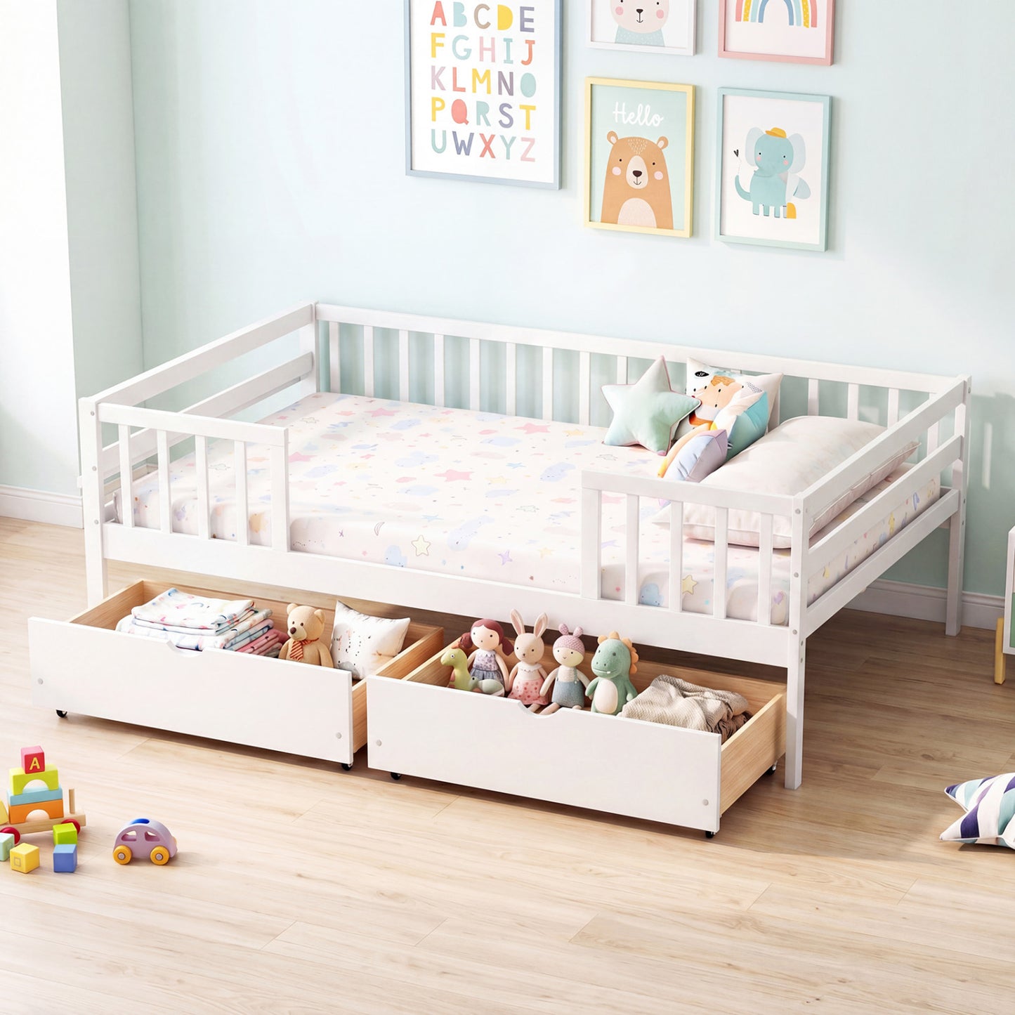 Full Size Daybed with Fence and 2 Drawers for Boys and Girls, White Trundle Bed Frame at Gallery Canada