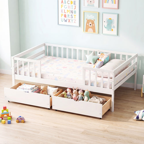 Full Size Daybed with Fence and 2 Drawers for Boys and Girls, White