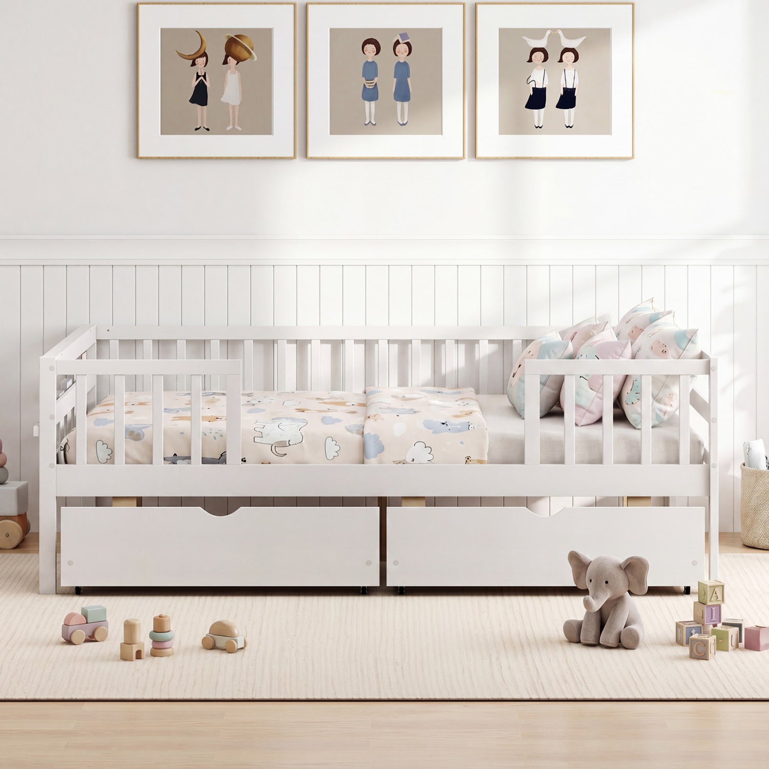 Full Size Daybed with Fence and 2 Drawers for Boys and Girls, White Trundle Bed Frame at Gallery Canada
