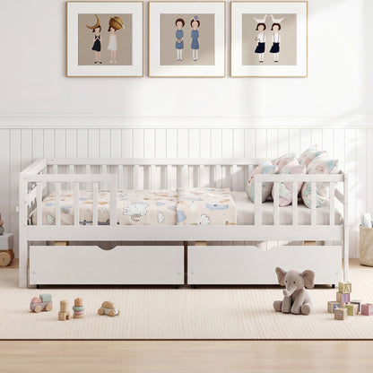 Full Size Daybed with Fence and 2 Drawers for Boys and Girls, White Trundle Bed Frame at Gallery Canada