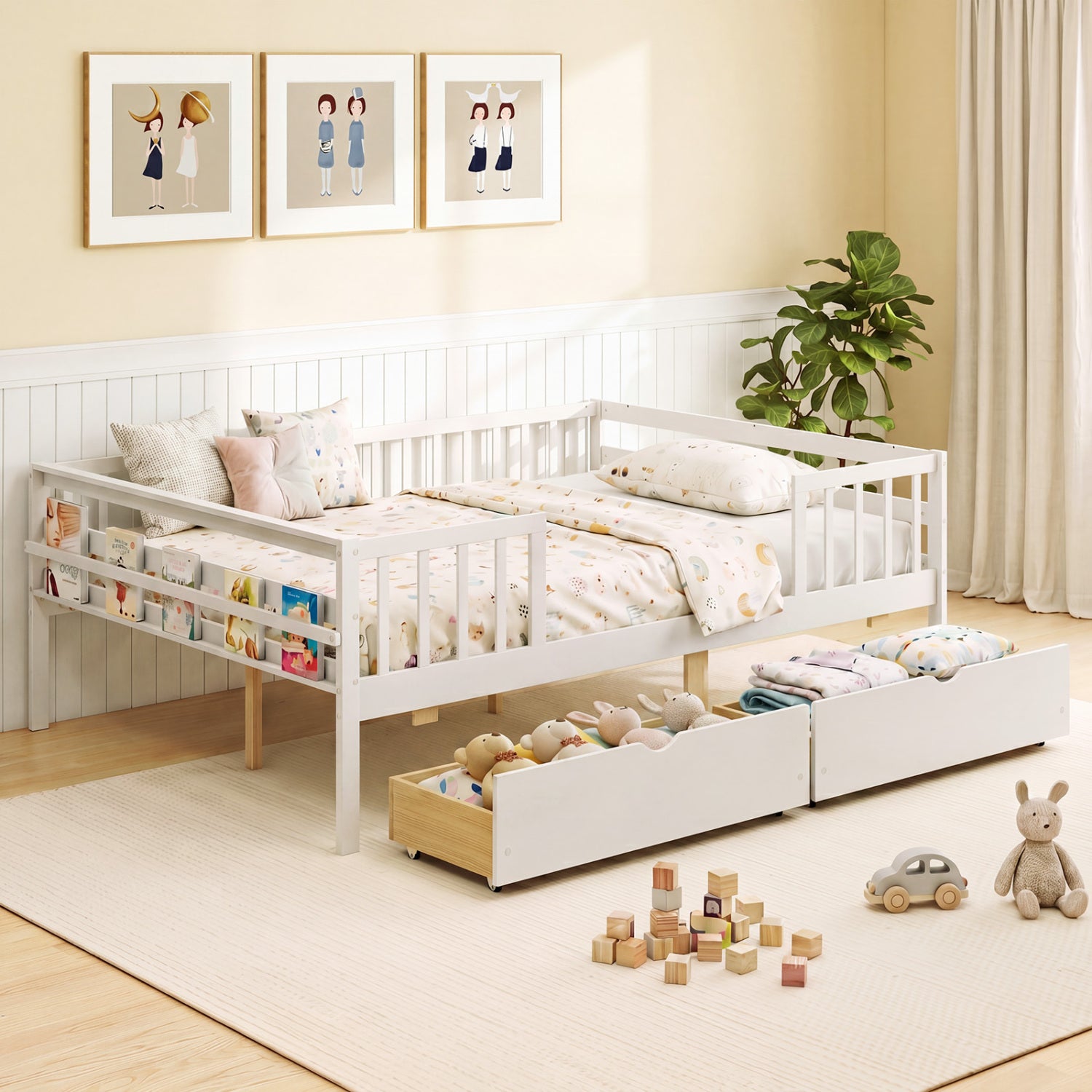 Full Size Daybed with Fence and 2 Drawers for Boys and Girls, White Trundle Bed Frame at Gallery Canada