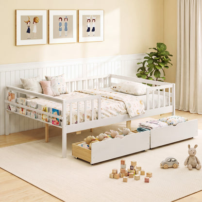 Full Size Daybed with Fence and 2 Drawers for Boys and Girls, White Trundle Bed Frame at Gallery Canada
