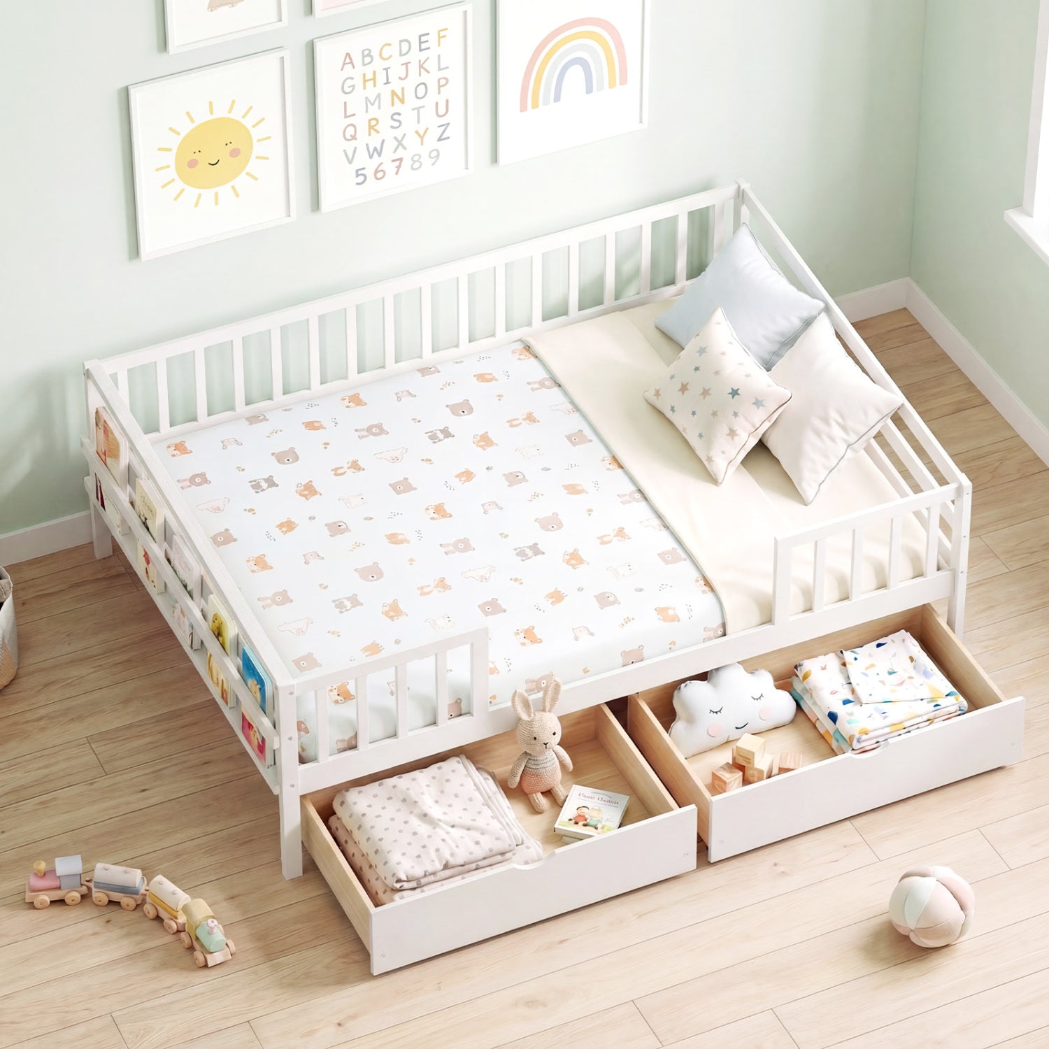 Full Size Daybed with Fence and 2 Drawers for Boys and Girls, White Trundle Bed Frame at Gallery Canada
