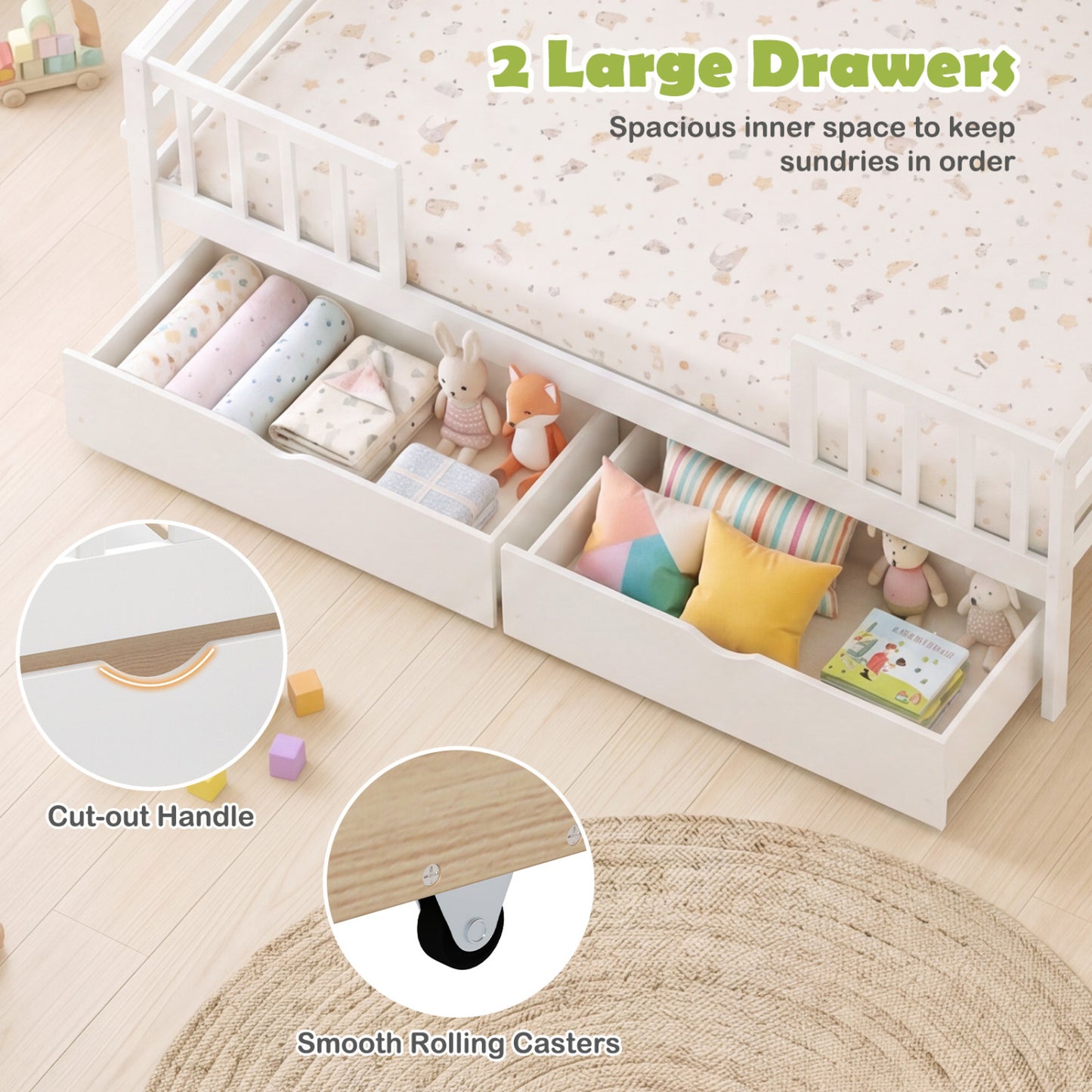Full Size Daybed with Fence and 2 Drawers for Boys and Girls, White Trundle Bed Frame at Gallery Canada