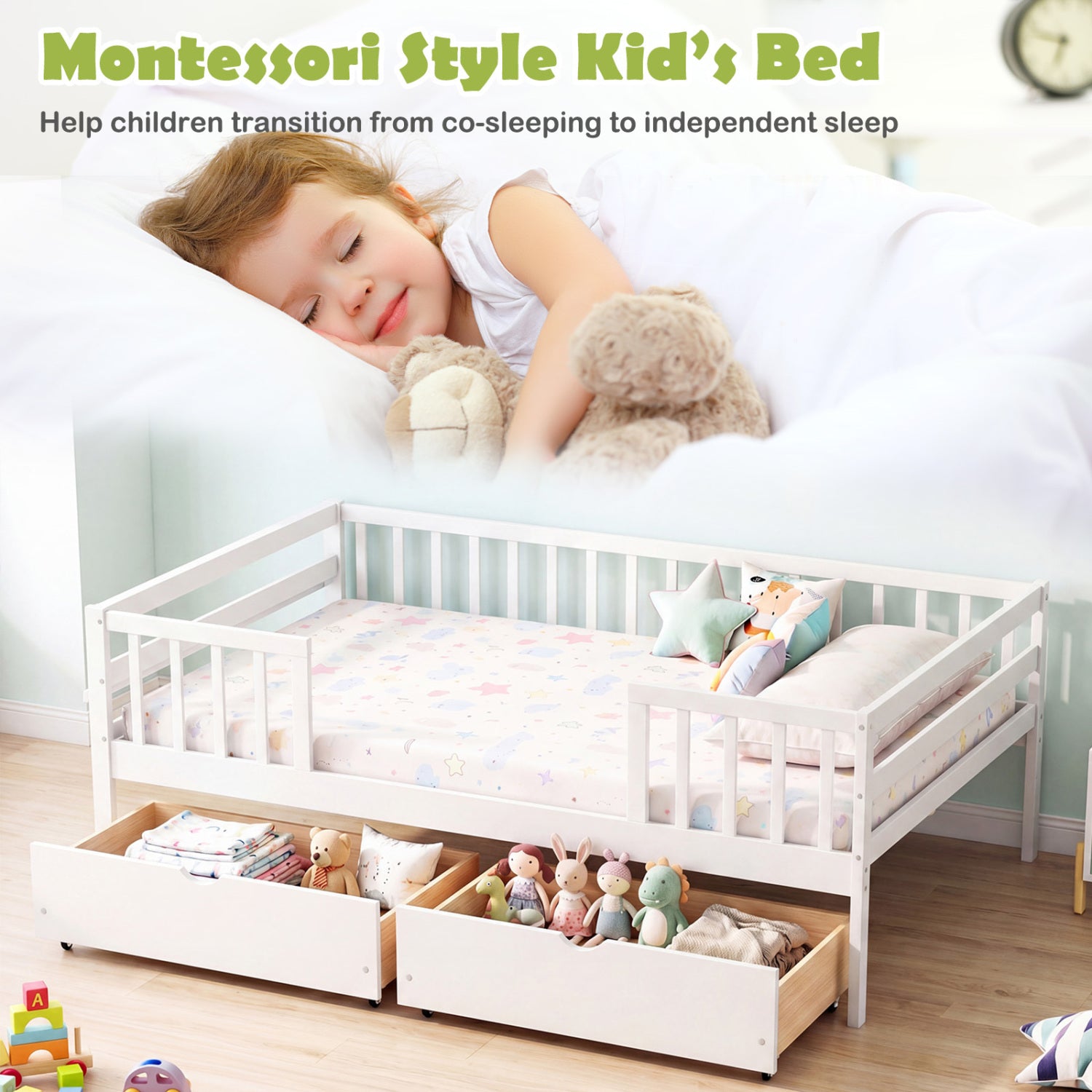 Full Size Daybed with Fence and 2 Drawers for Boys and Girls, White Trundle Bed Frame at Gallery Canada