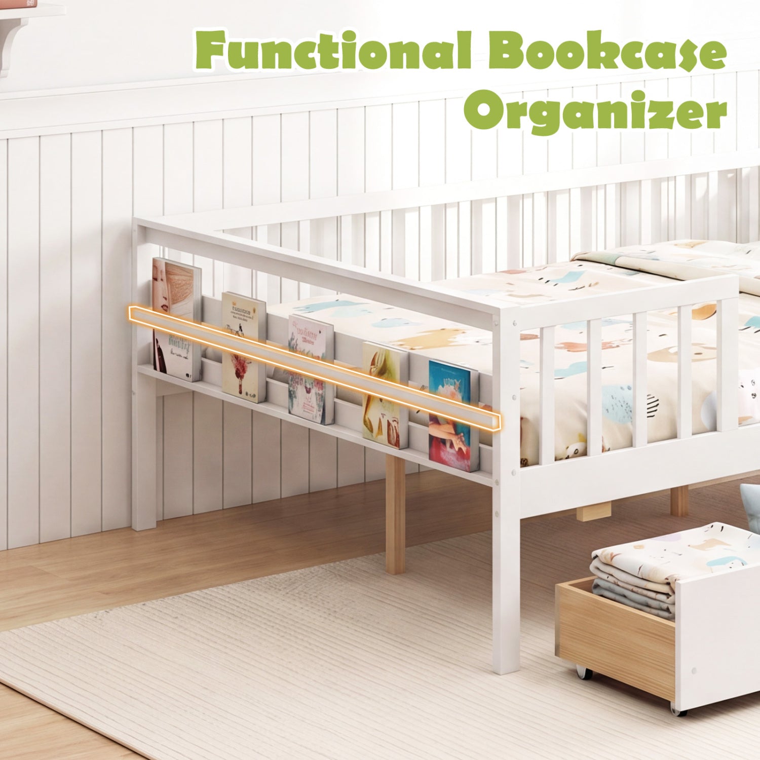 Full Size Daybed with Fence and 2 Drawers for Boys and Girls, White Trundle Bed Frame at Gallery Canada