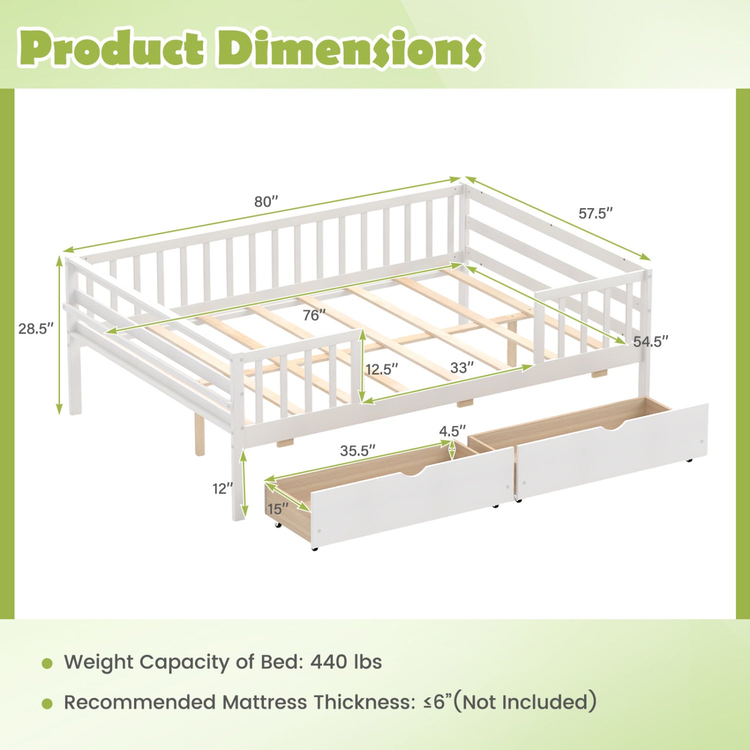 Full Size Daybed with Fence and 2 Drawers for Boys and Girls, White Trundle Bed Frame at Gallery Canada