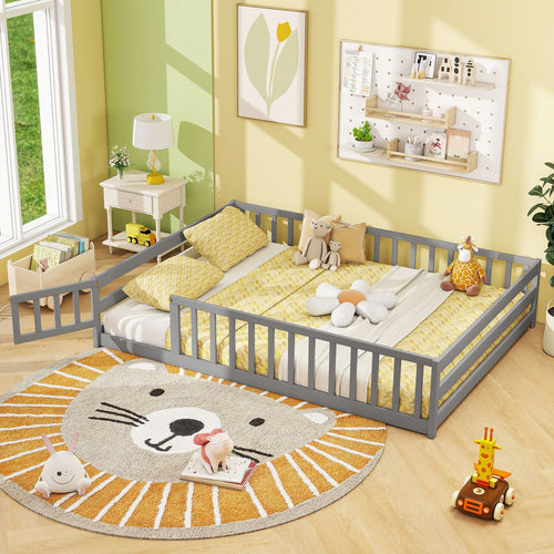 Full Size Floor Bed, Full Length Safety Guardrails, Gray