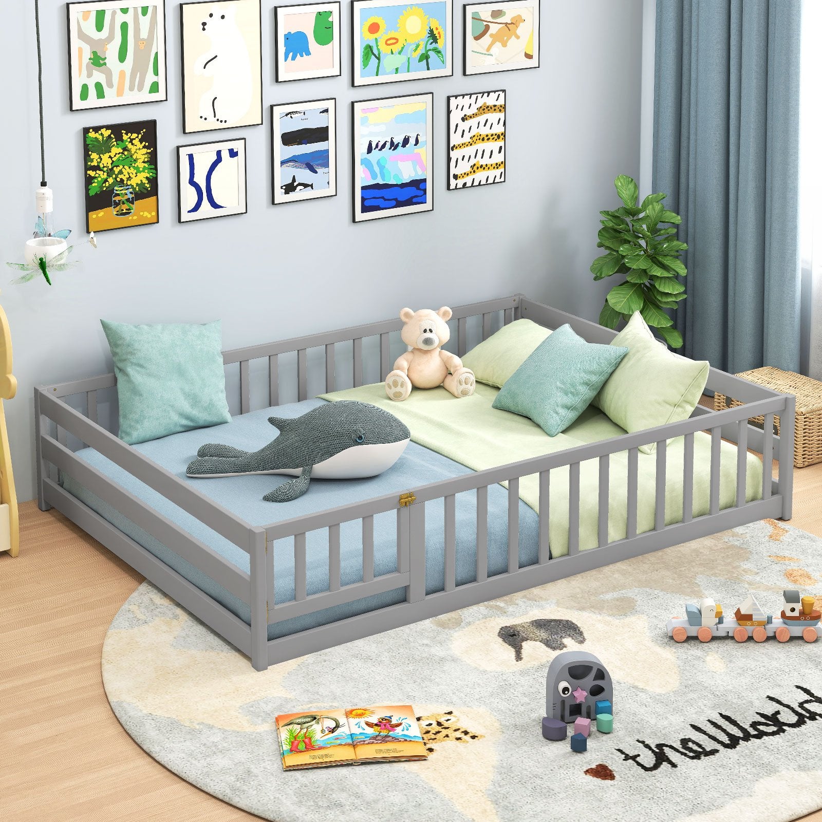 Full Size Floor Bed with Full Length Safety Guardrails, Gray Toddler Beds at Gallery Canada