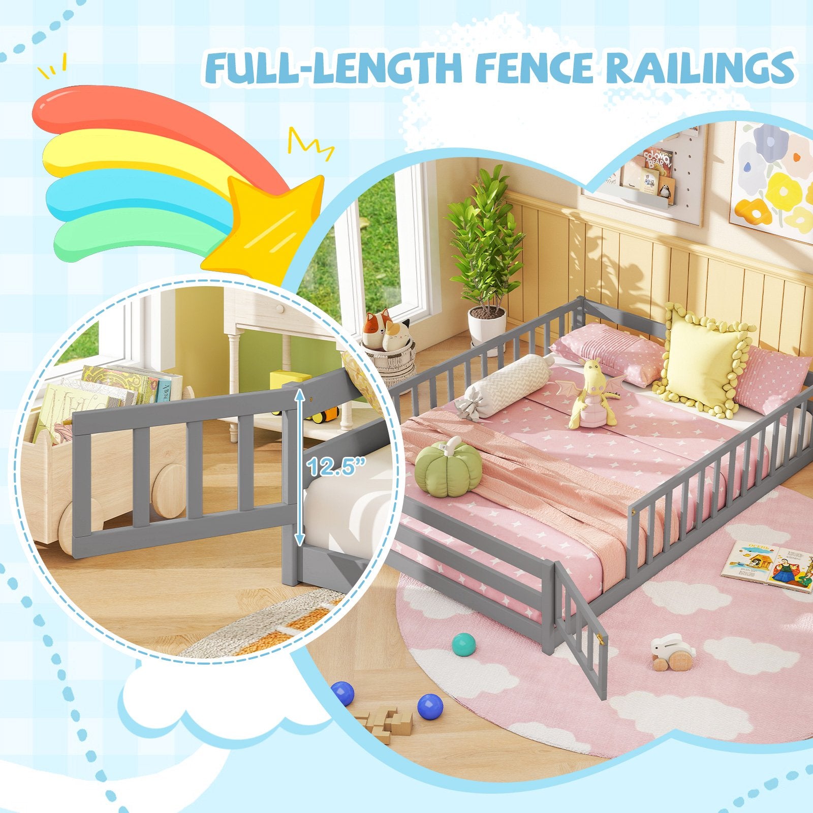 Full Size Floor Bed with Full Length Safety Guardrails, Gray Toddler Beds at Gallery Canada